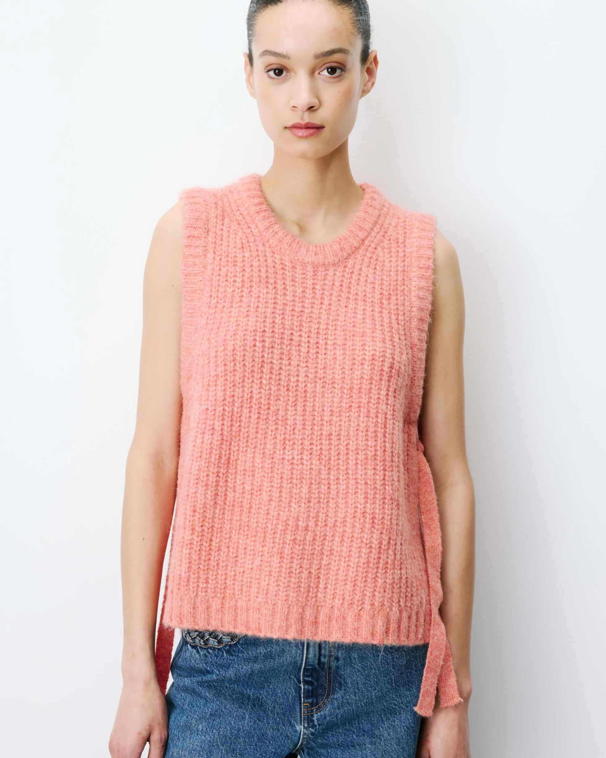 Pull sans manches en maille à nouer peche Argan