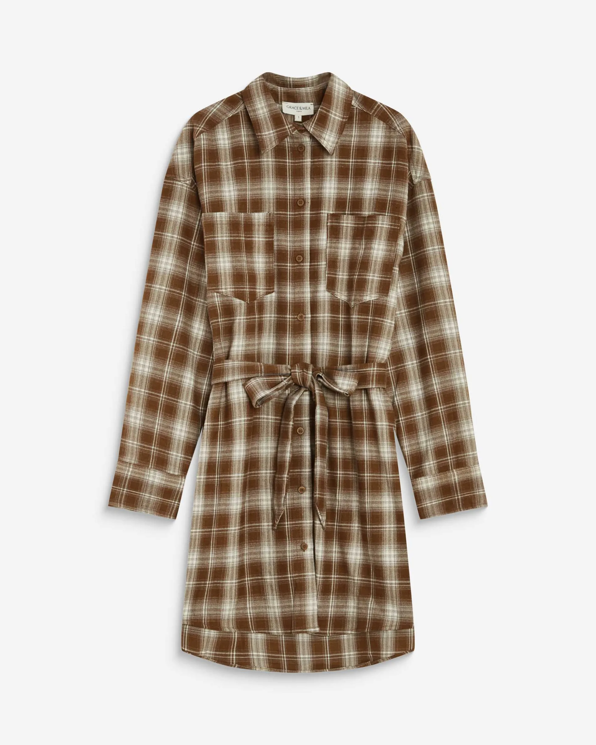 Robe chemise courte à carreaux ceinturée coffee Amaya