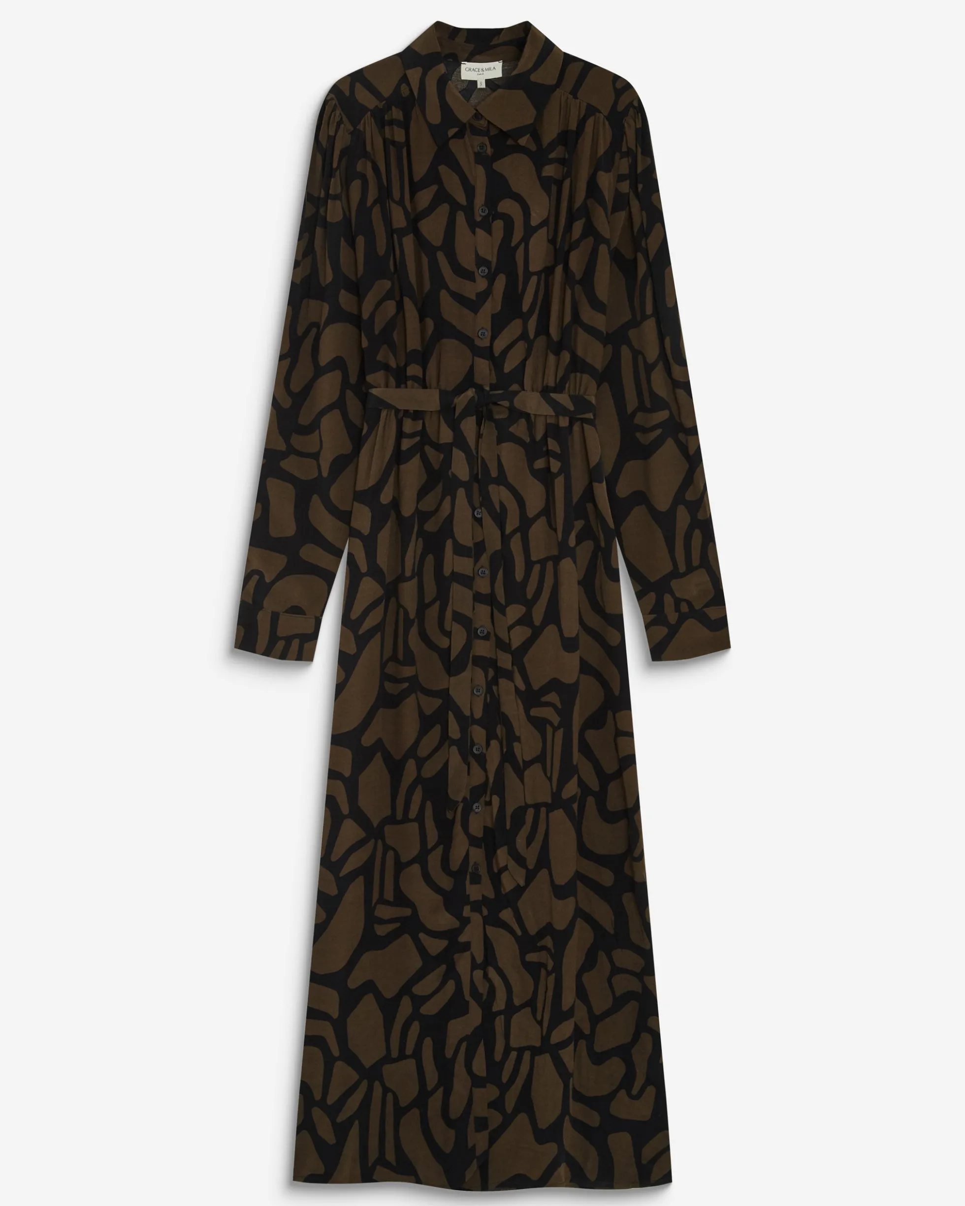 Robe chemise longue ceinturée à motif kaki Aveline