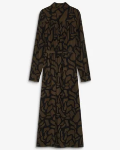 Robe chemise longue ceinturée à motif kaki Aveline