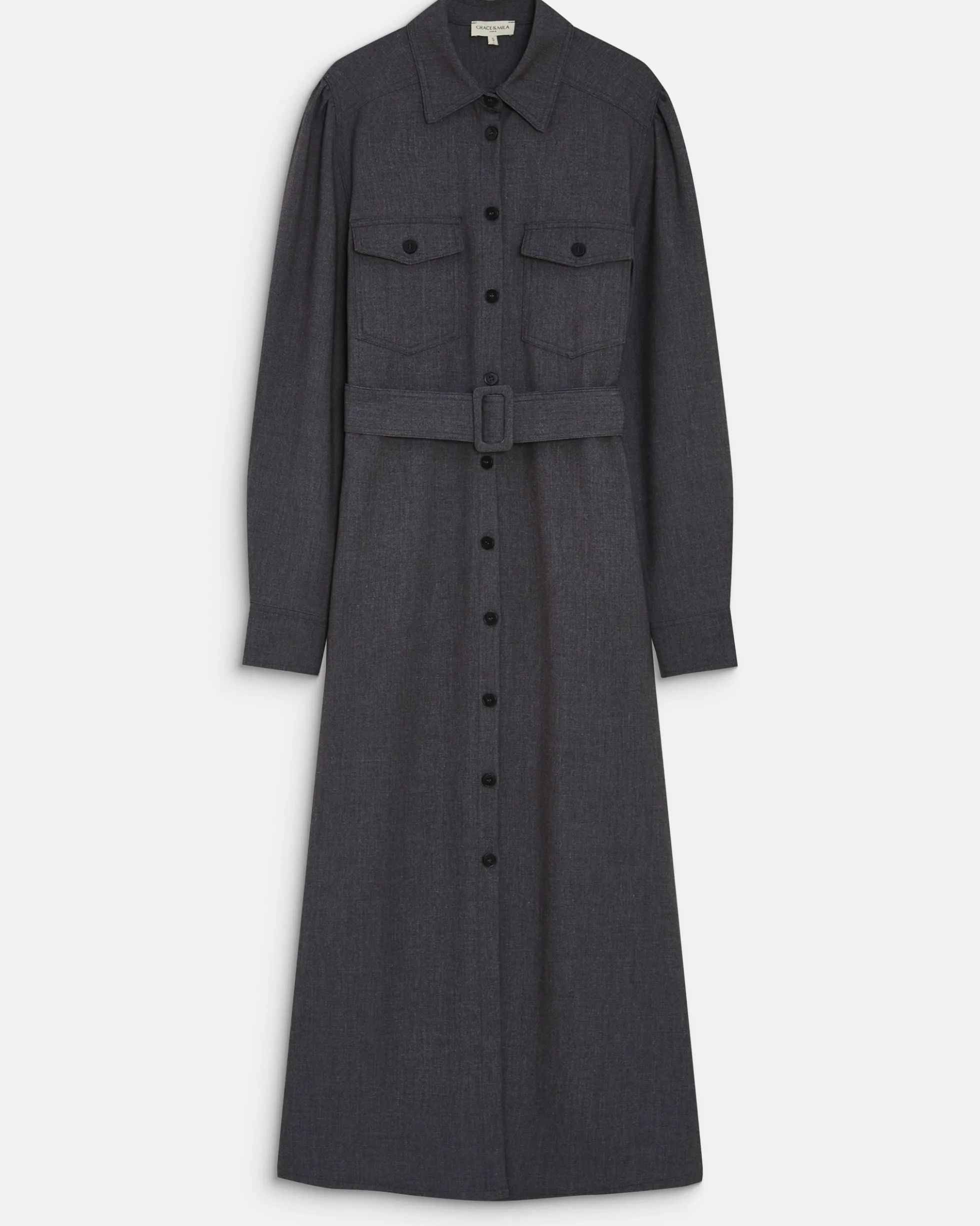 Robe chemise longue cintrée à la taille anthracite Arella