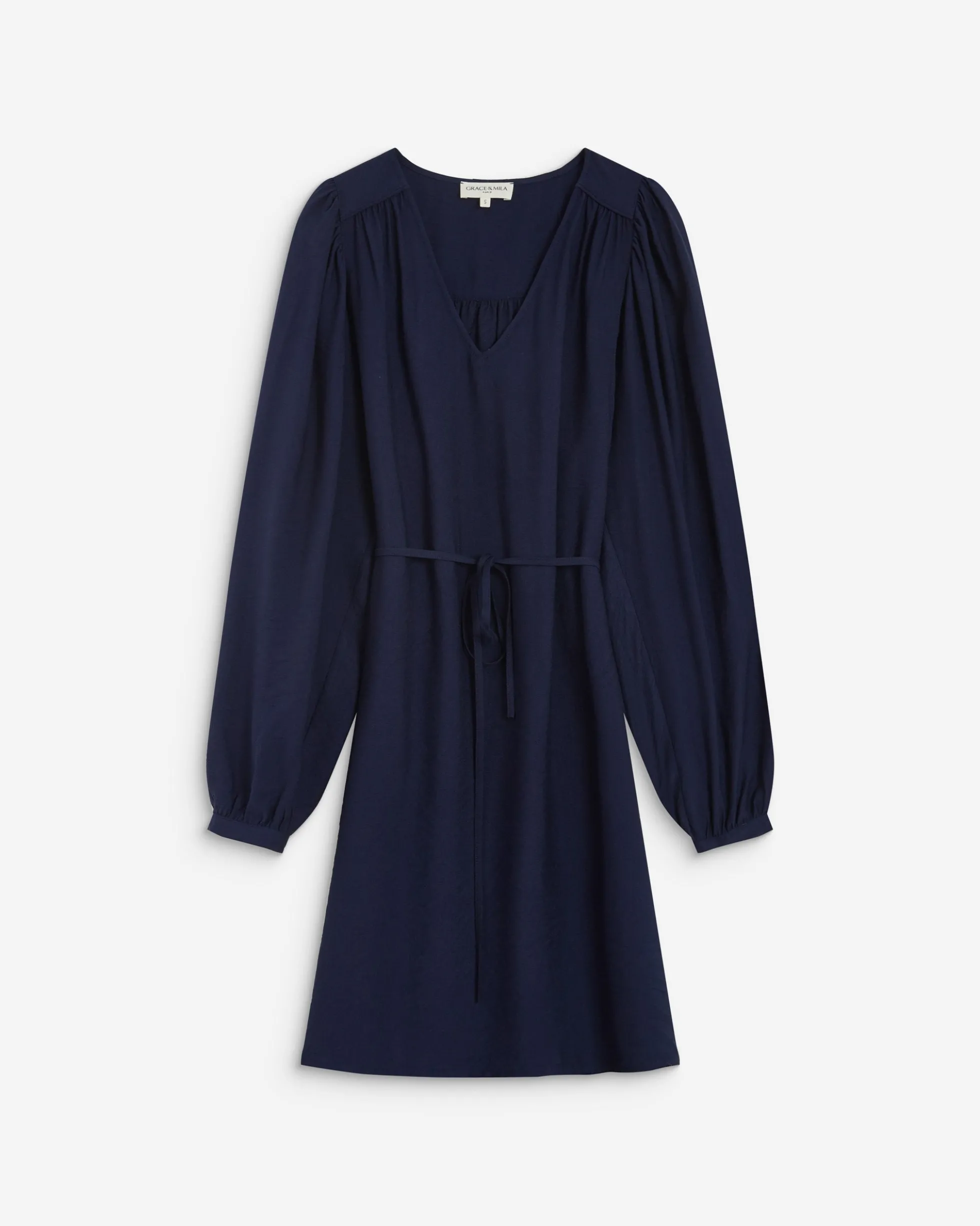 Robe courte col V manches bouffantes marine Alienor