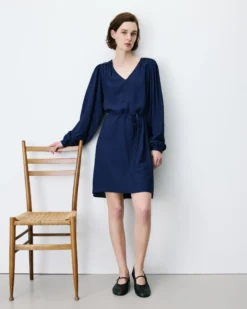 Robe courte col V manches bouffantes marine Alienor