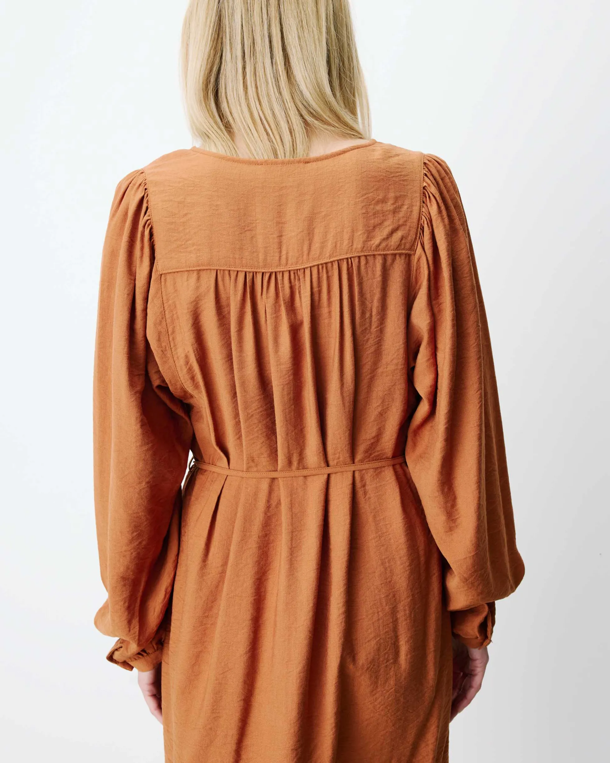 Robe courte col V manches bouffantes camel Alienor