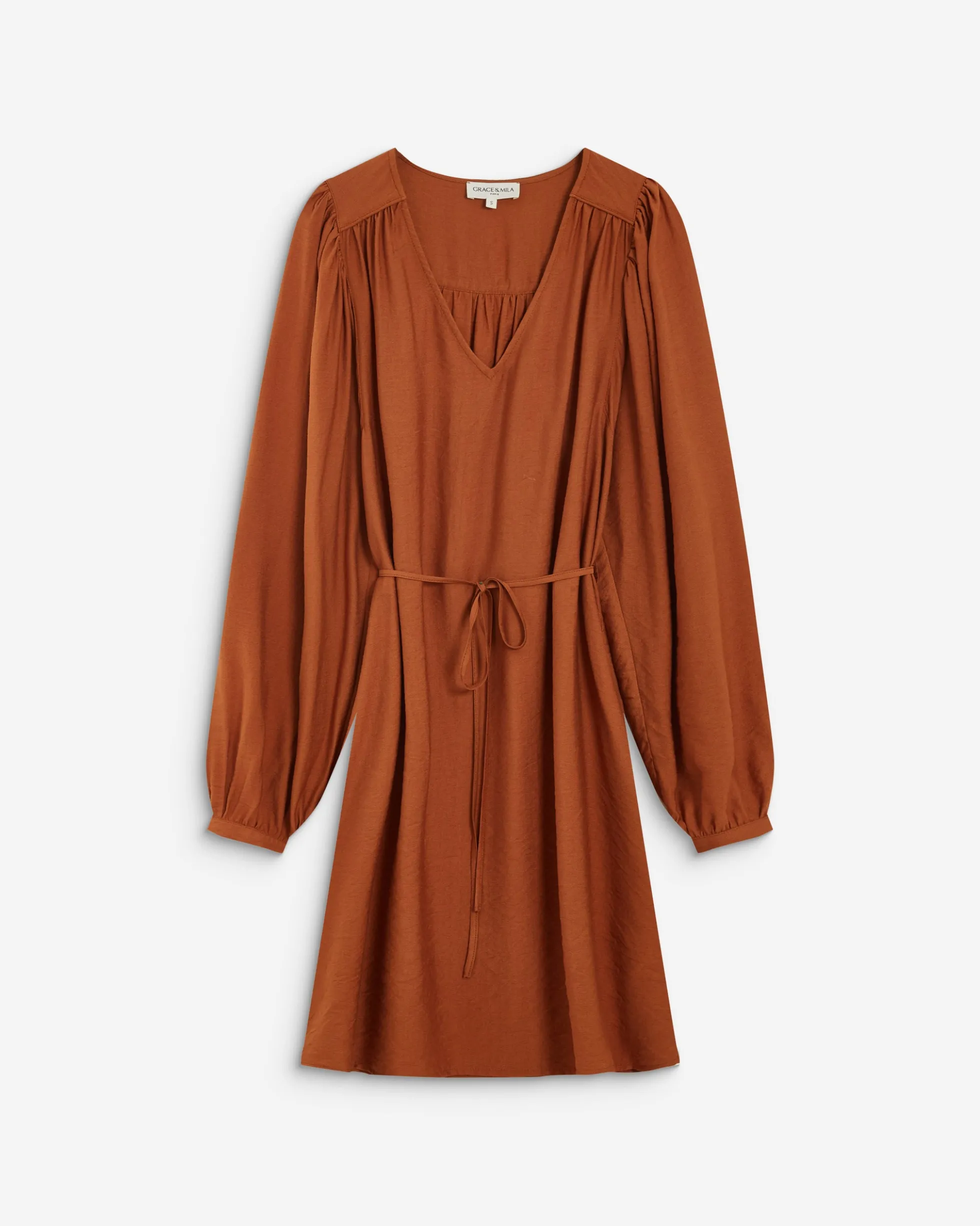 Robe courte col V manches bouffantes camel Alienor