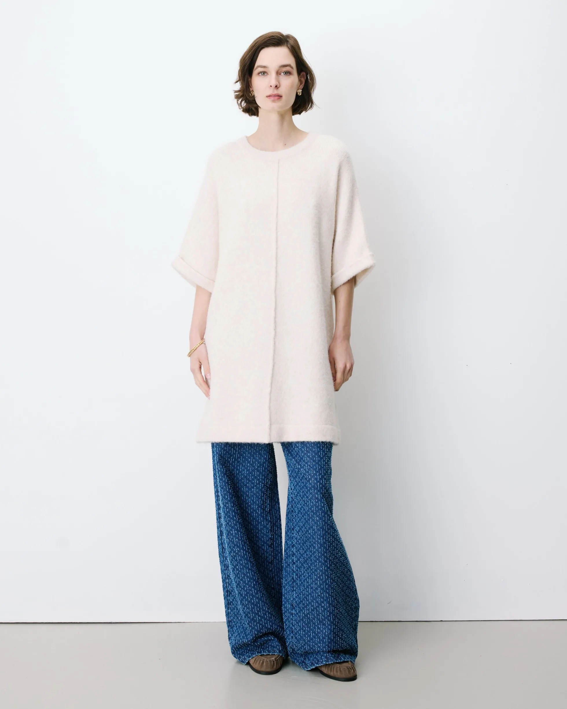 Robe courte en maille manches kimono sable Alinae