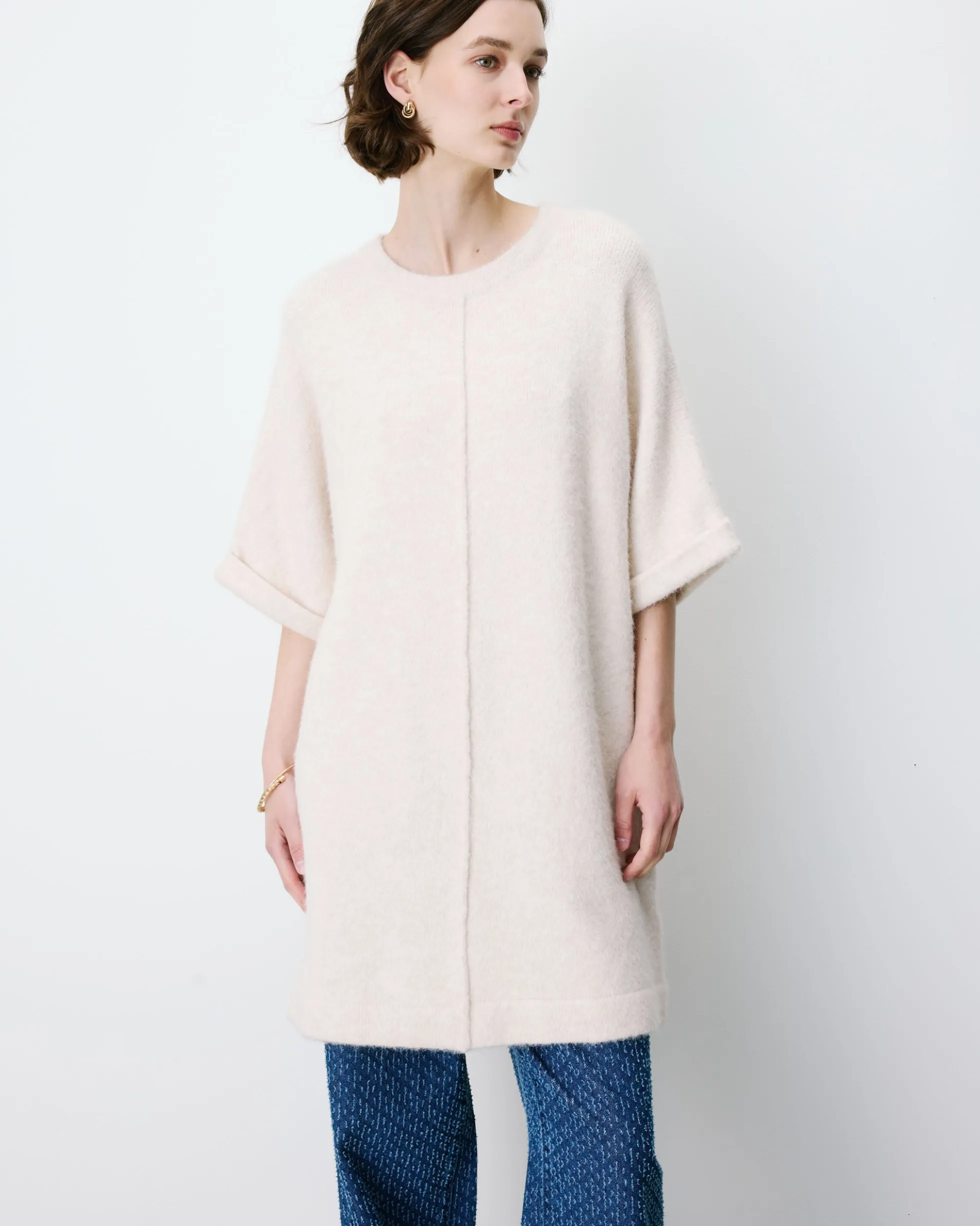 Robe courte en maille manches kimono sable Alinae
