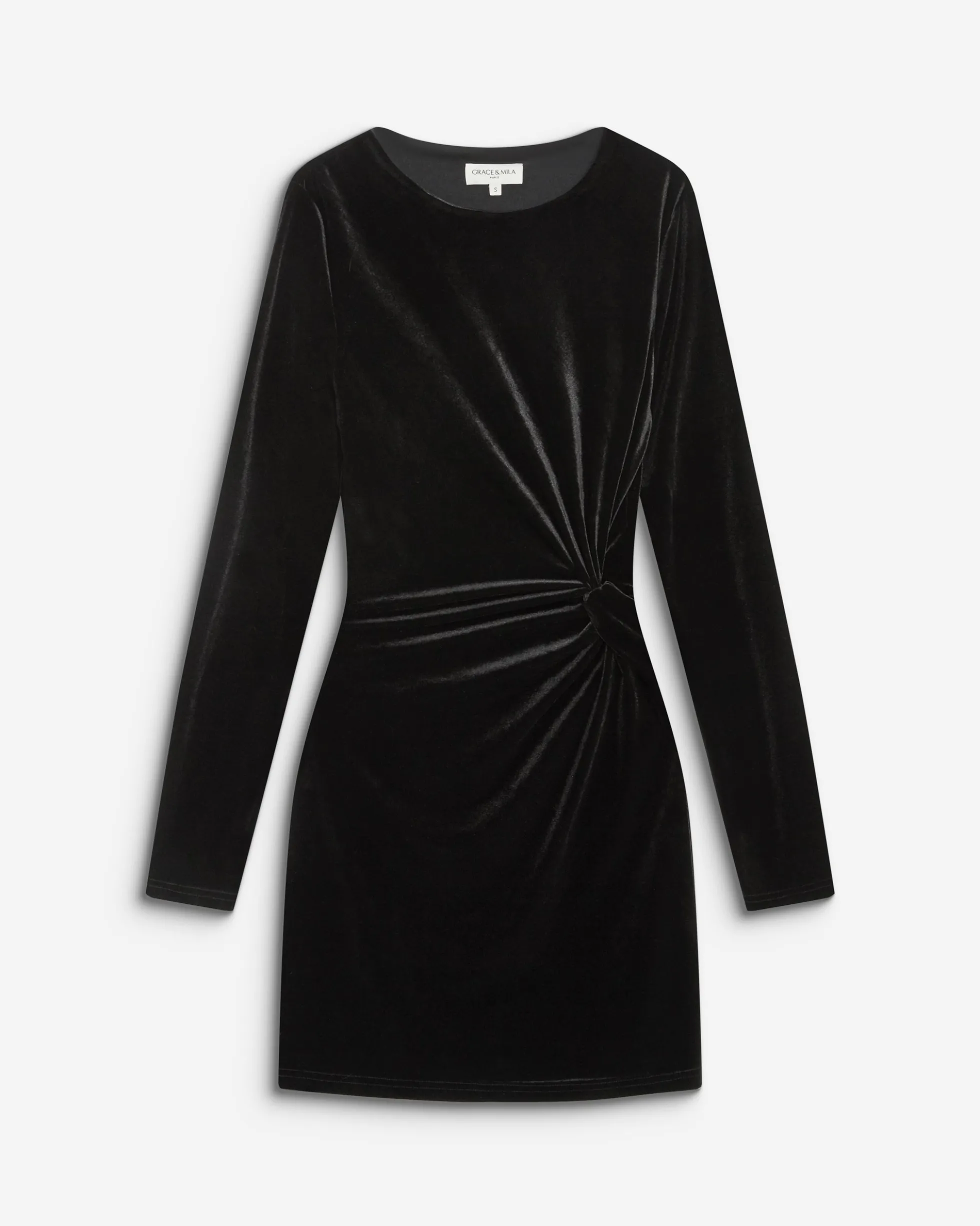 Robe courte velours drapée manches longues noir Beverly