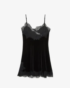 Robe courte velours et dentelle à fines bretelles noir Blair