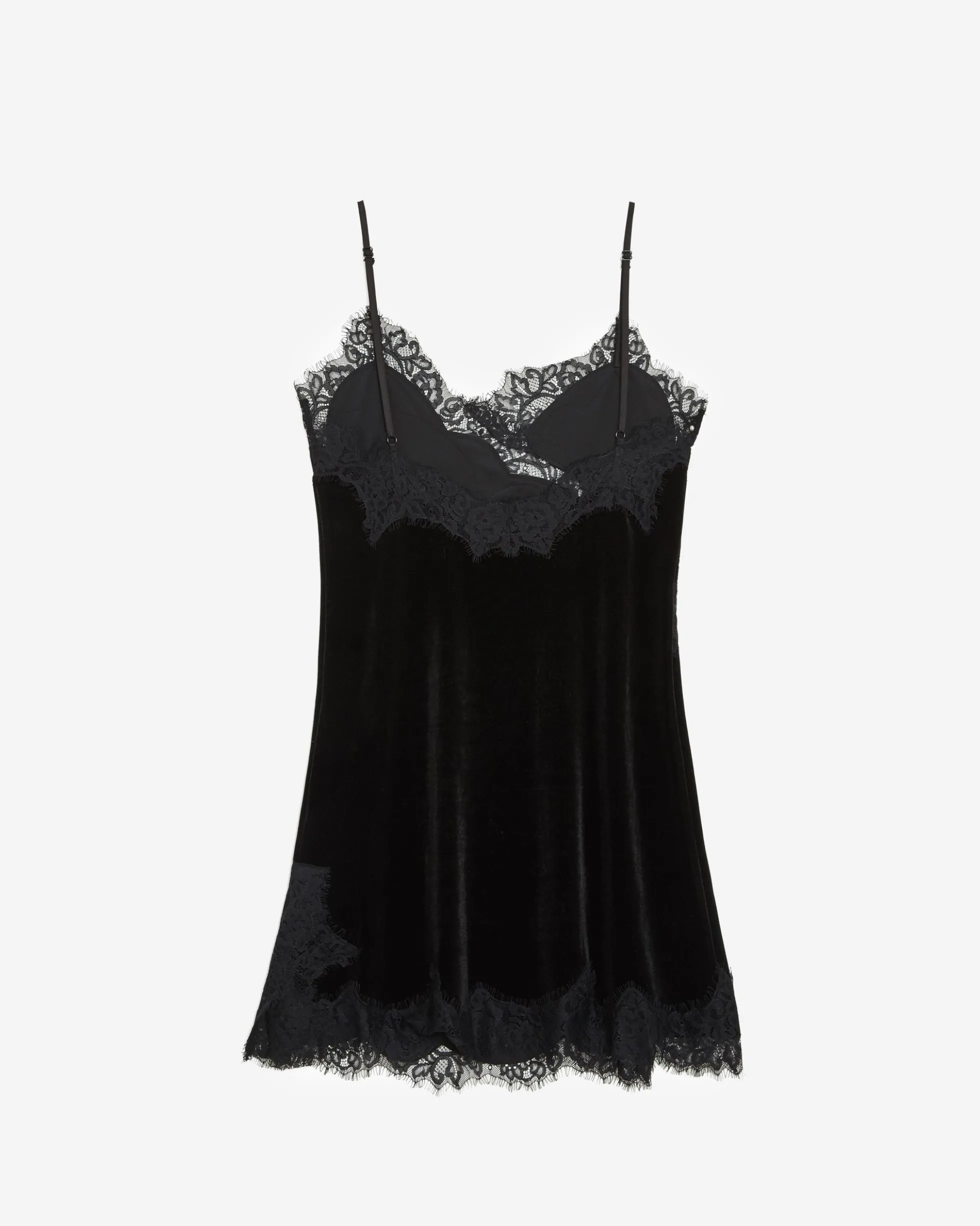 Robe courte velours et dentelle à fines bretelles noir Blair