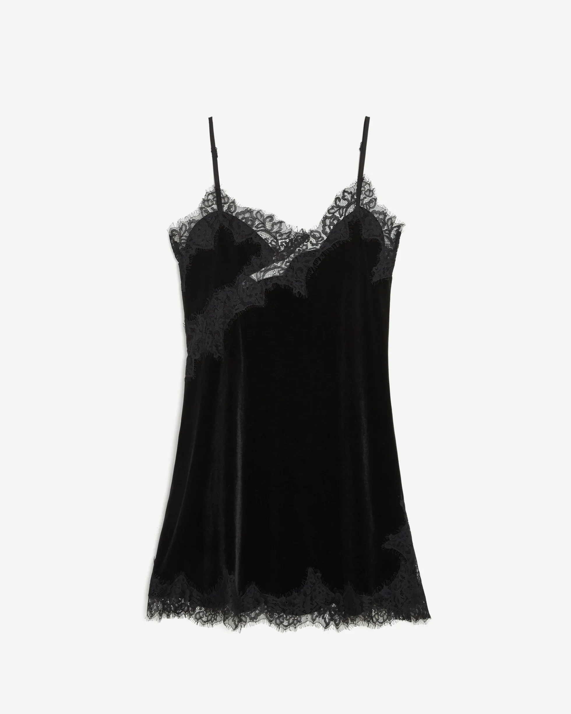 Robe courte velours et dentelle à fines bretelles noir Blair