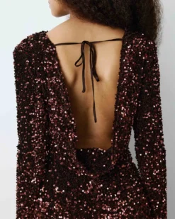 Robe fourreau courte à sequins dos nu chocolat Bahia