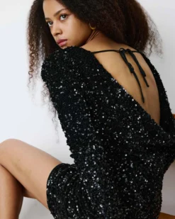 Robe fourreau courte à sequins dos nu noir Bahia