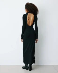 Robe longue ajustée dos nu à nœud devant noir Britney