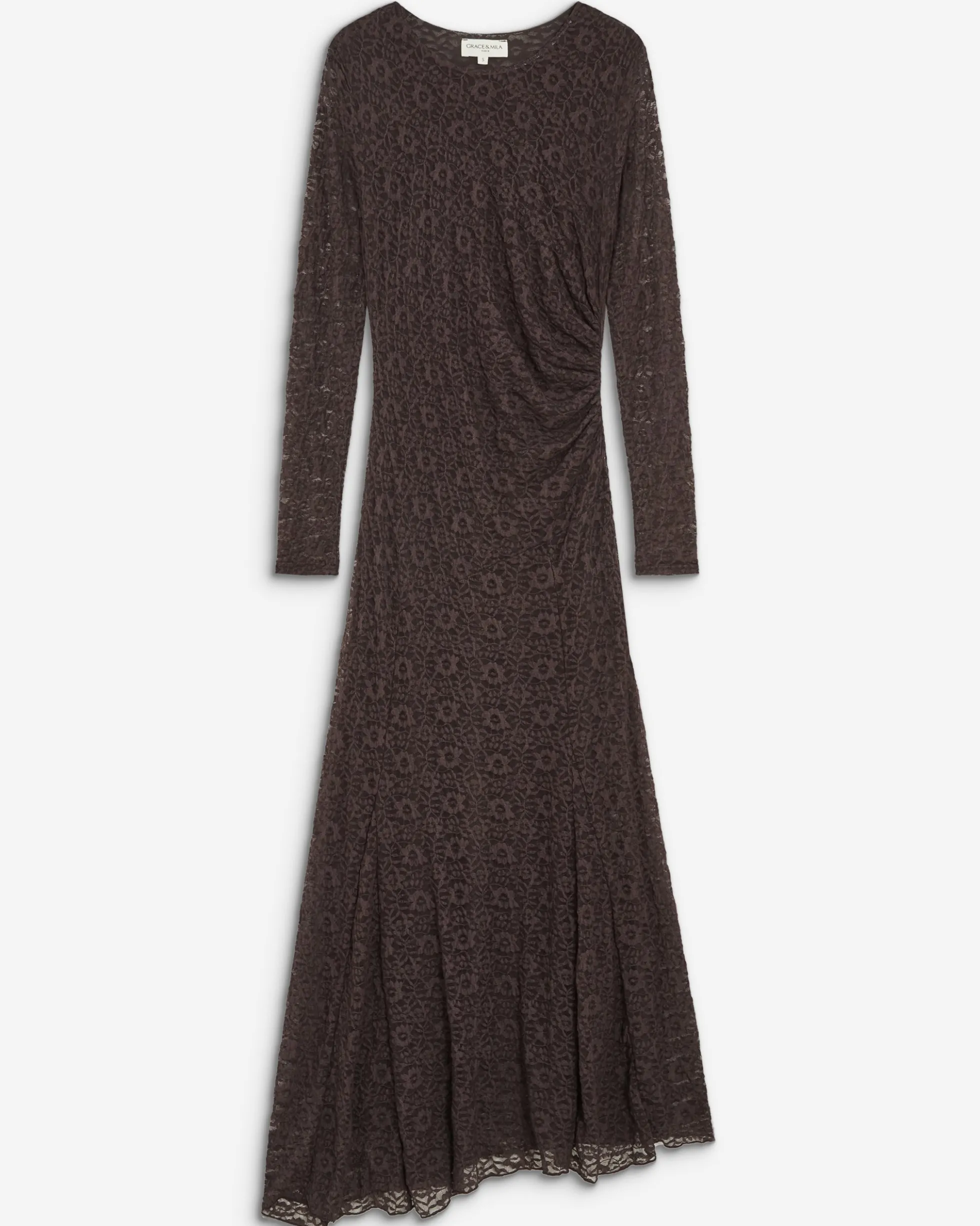 Robe longue en dentelle froncée chocolat Bianca