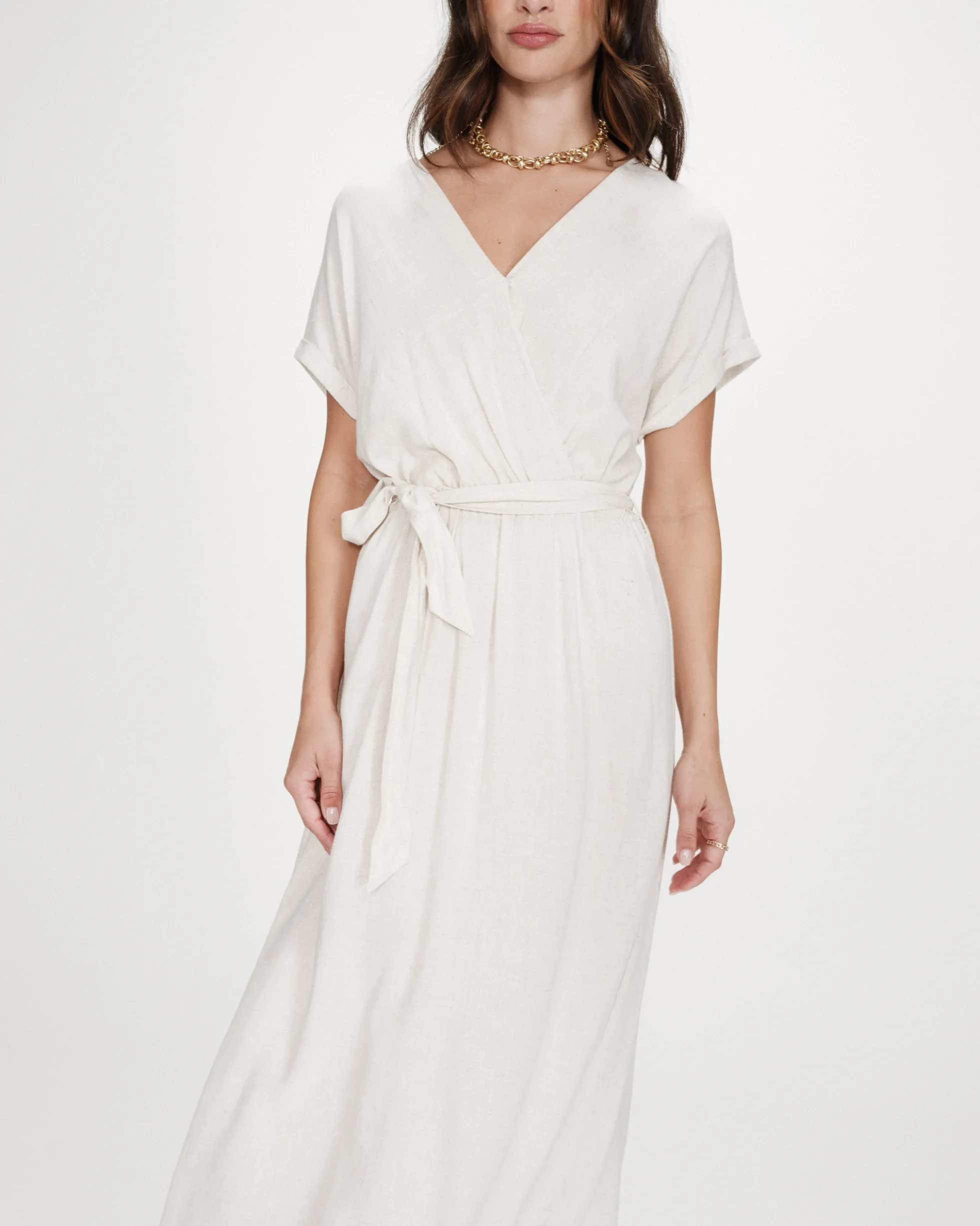 Robe longue portefeuille ceinturée sable Pollen