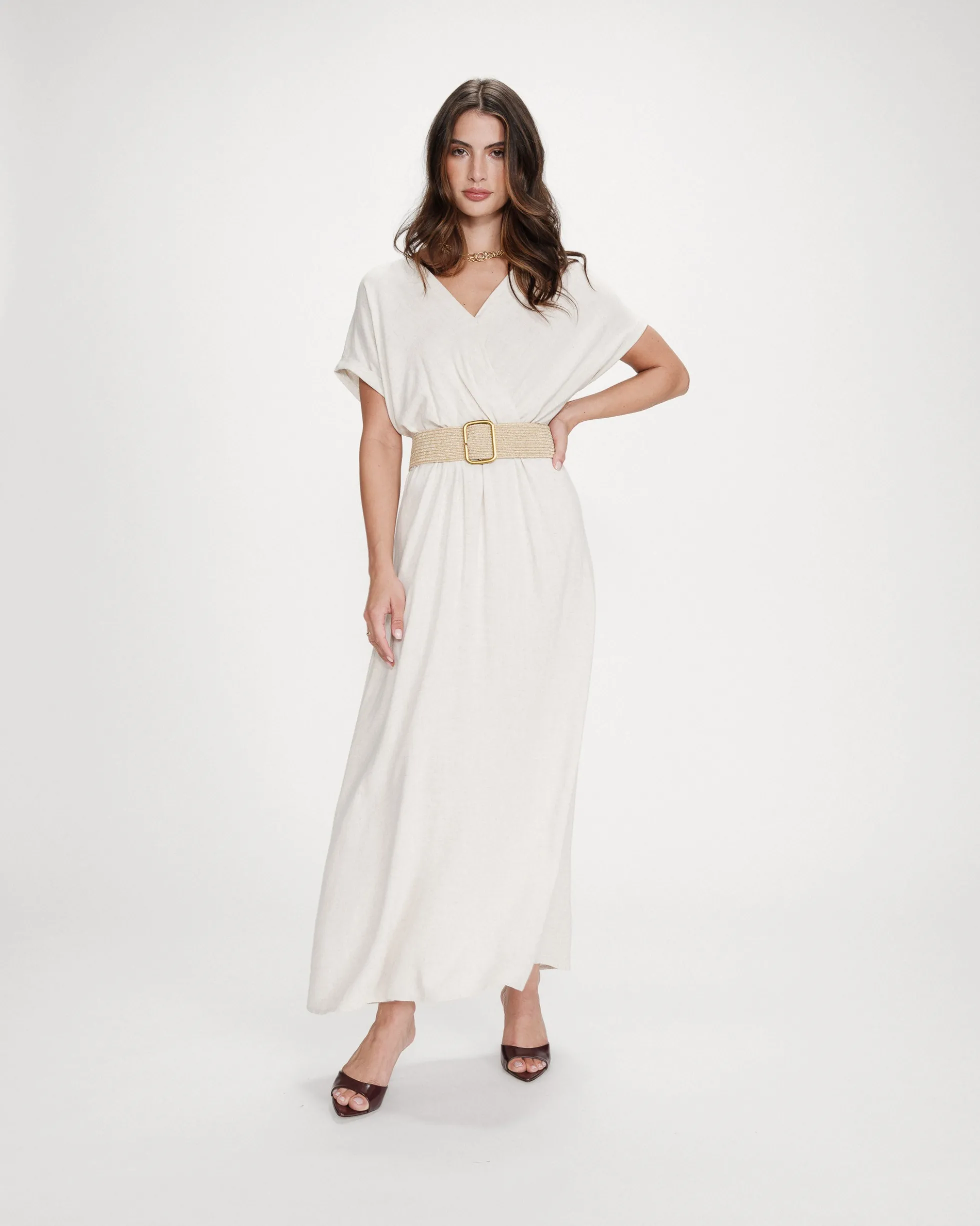 Robe longue portefeuille ceinturée sable Pollen