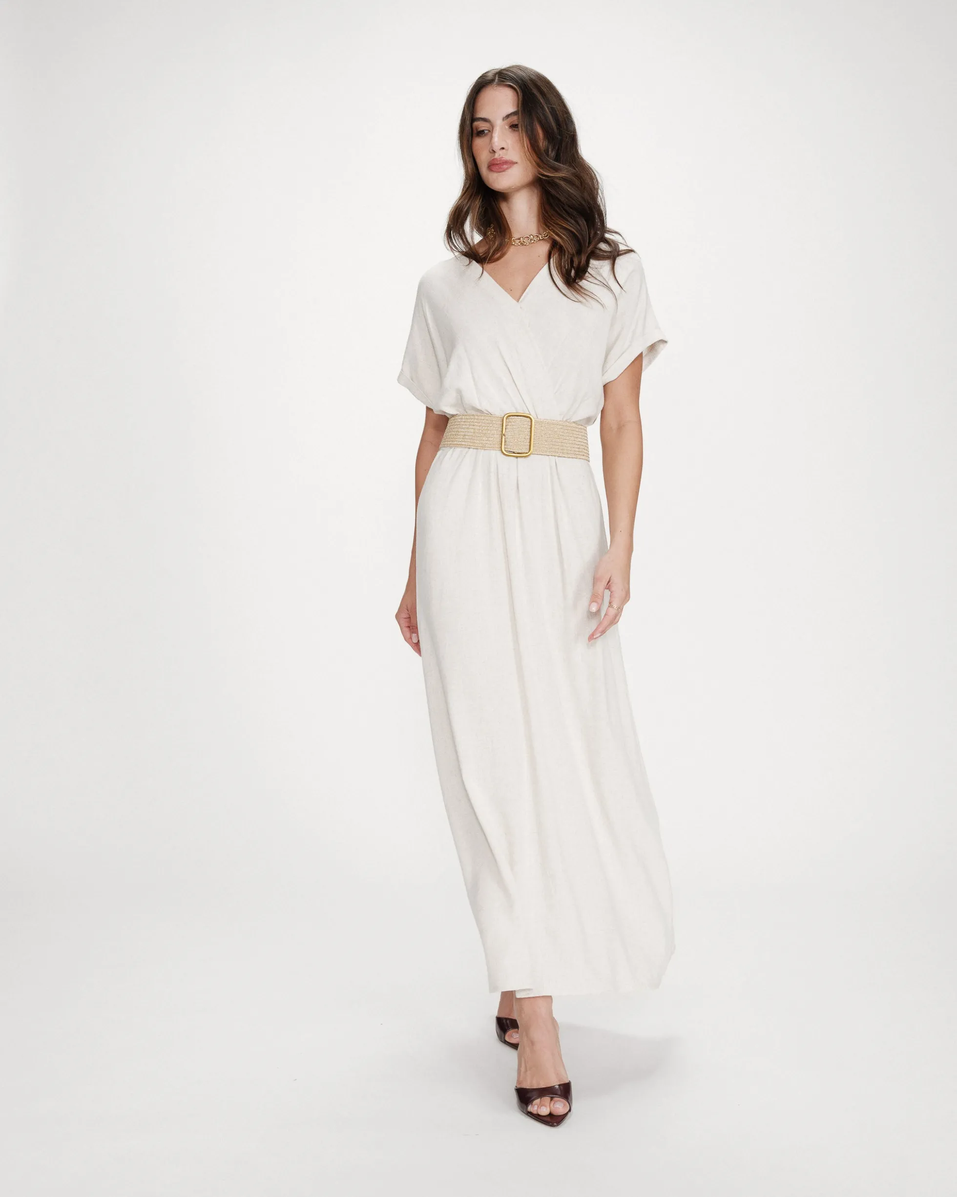 Robe longue portefeuille ceinturée sable Pollen
