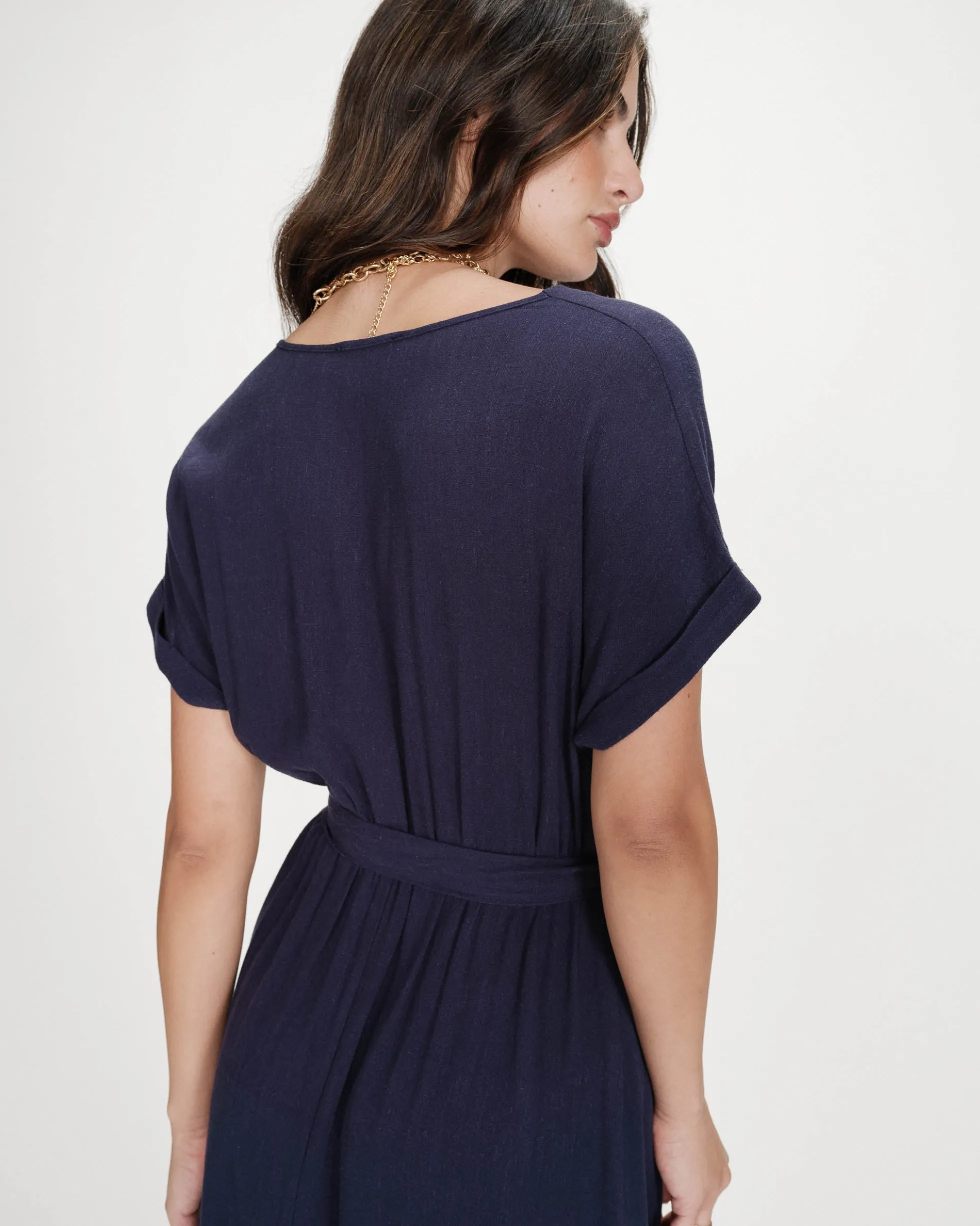 Robe longue portefeuille ceinturée marine Pollen