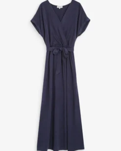 Robe longue portefeuille ceinturée marine Pollen