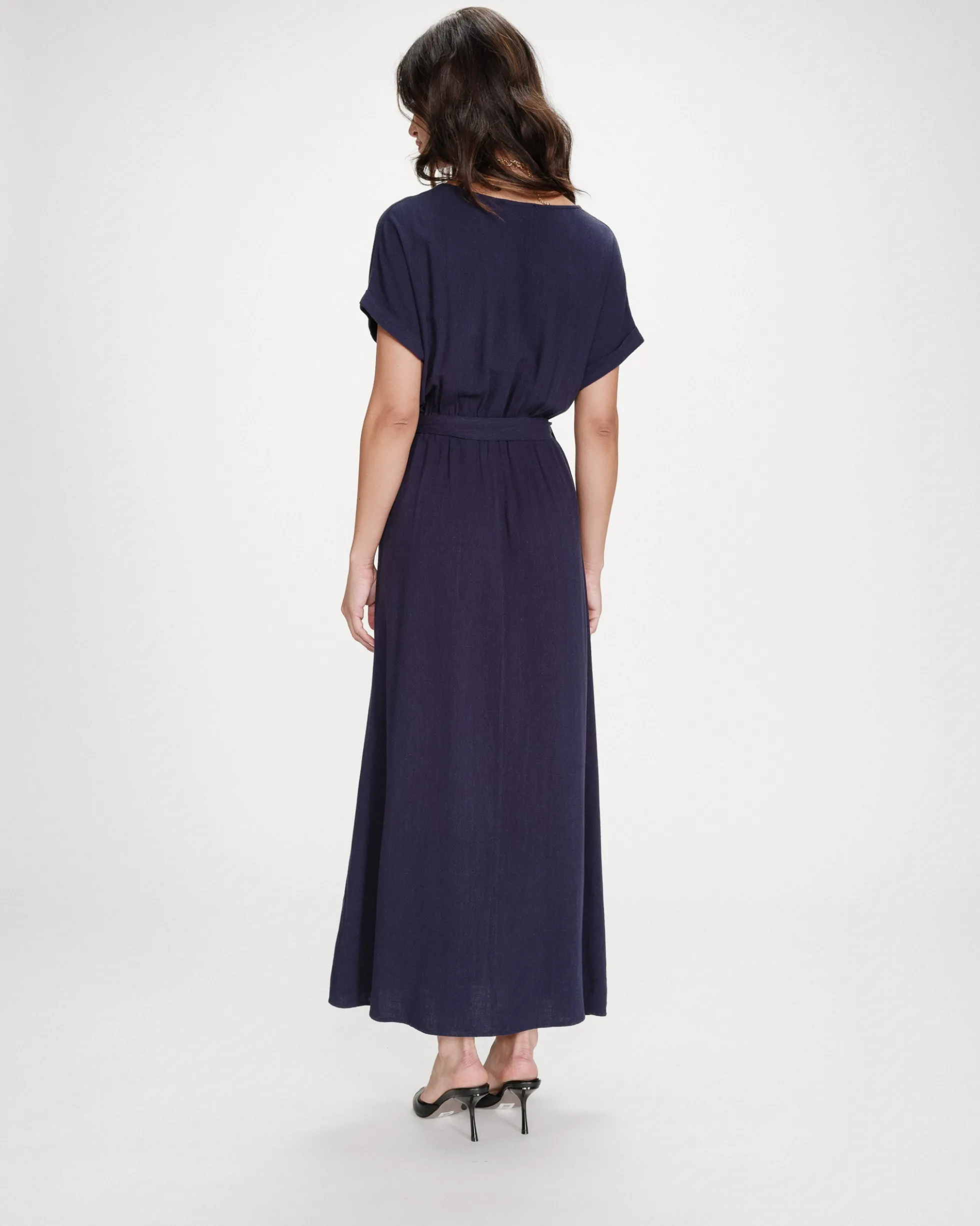 Robe longue portefeuille ceinturée marine Pollen