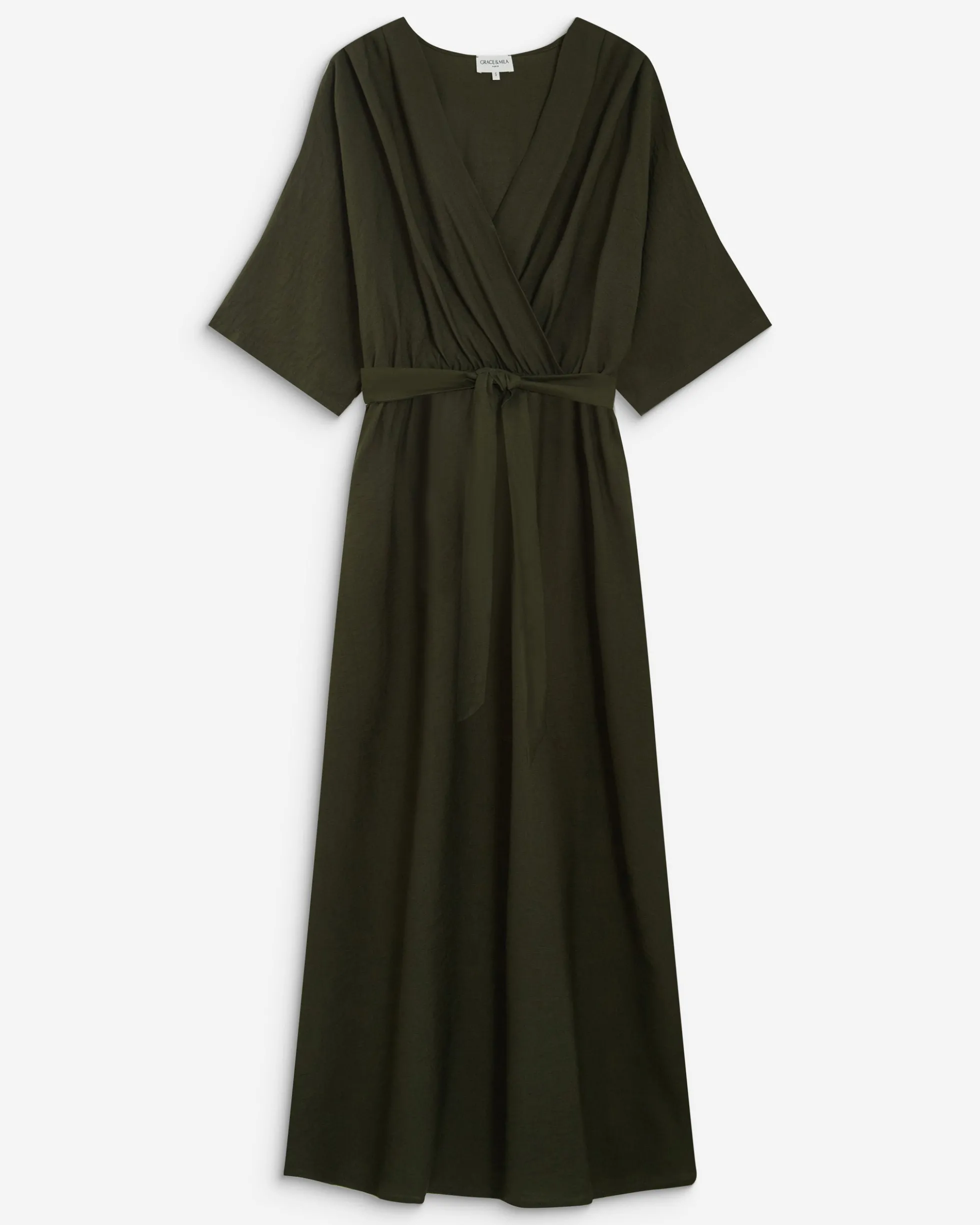 Robe longue évasée col V croisé kaki Amelia