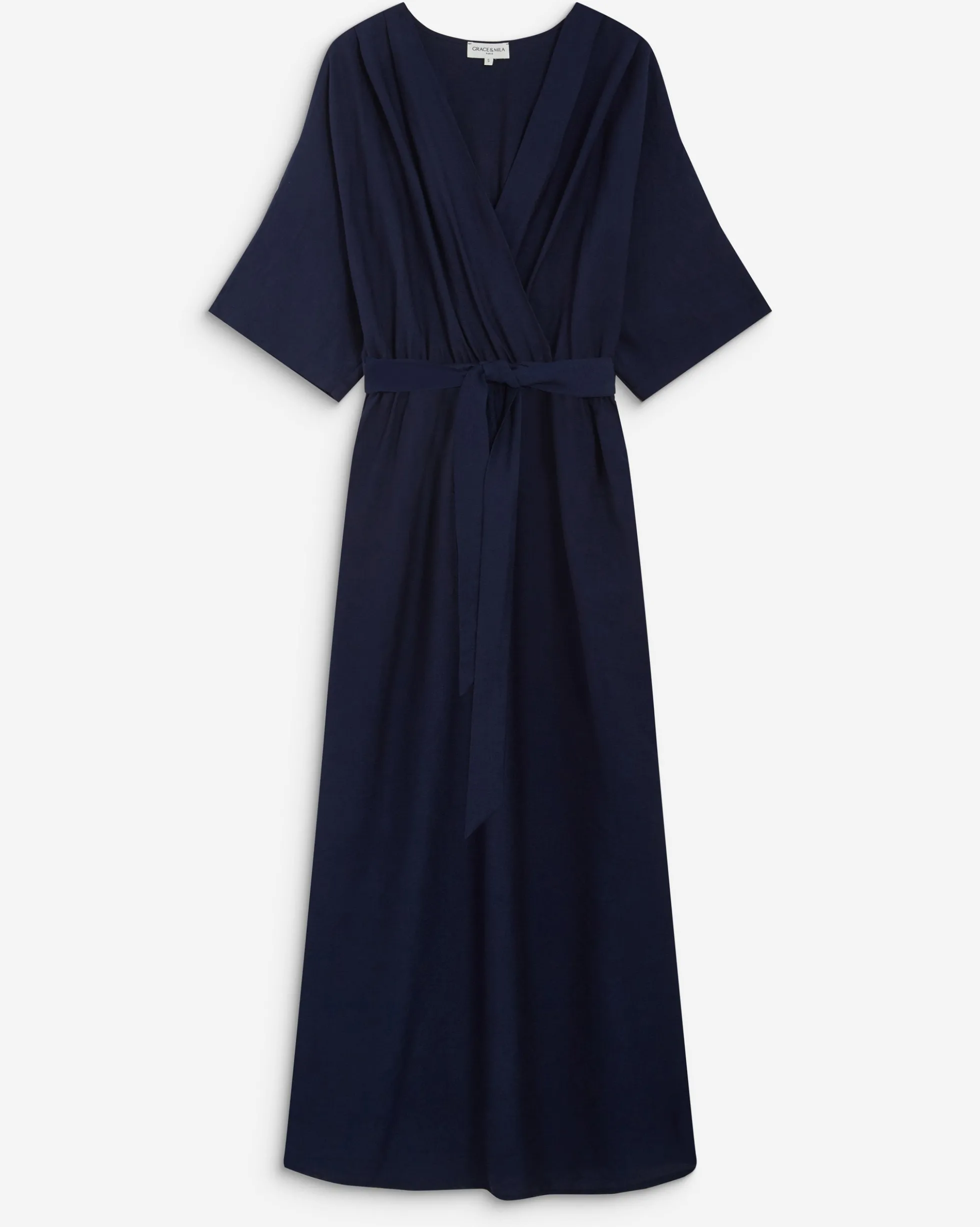 Robe longue évasée col V croisé marine Amelia