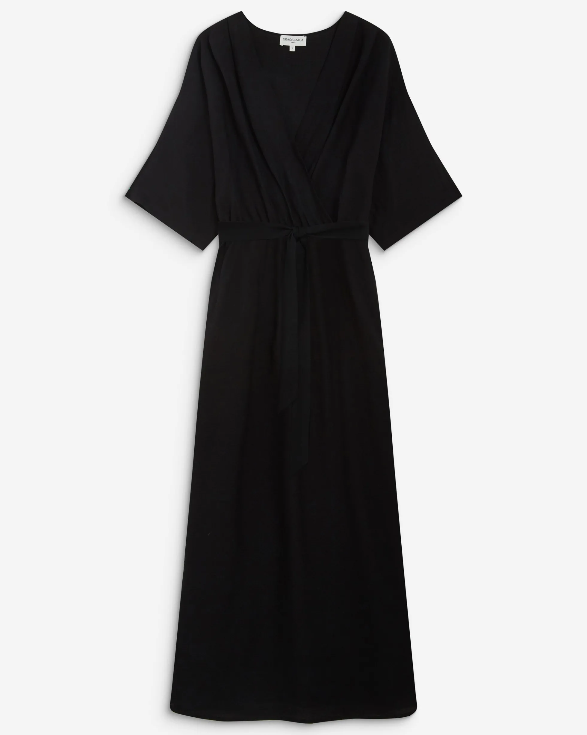 Robe longue évasée col V croisé noir Amelia