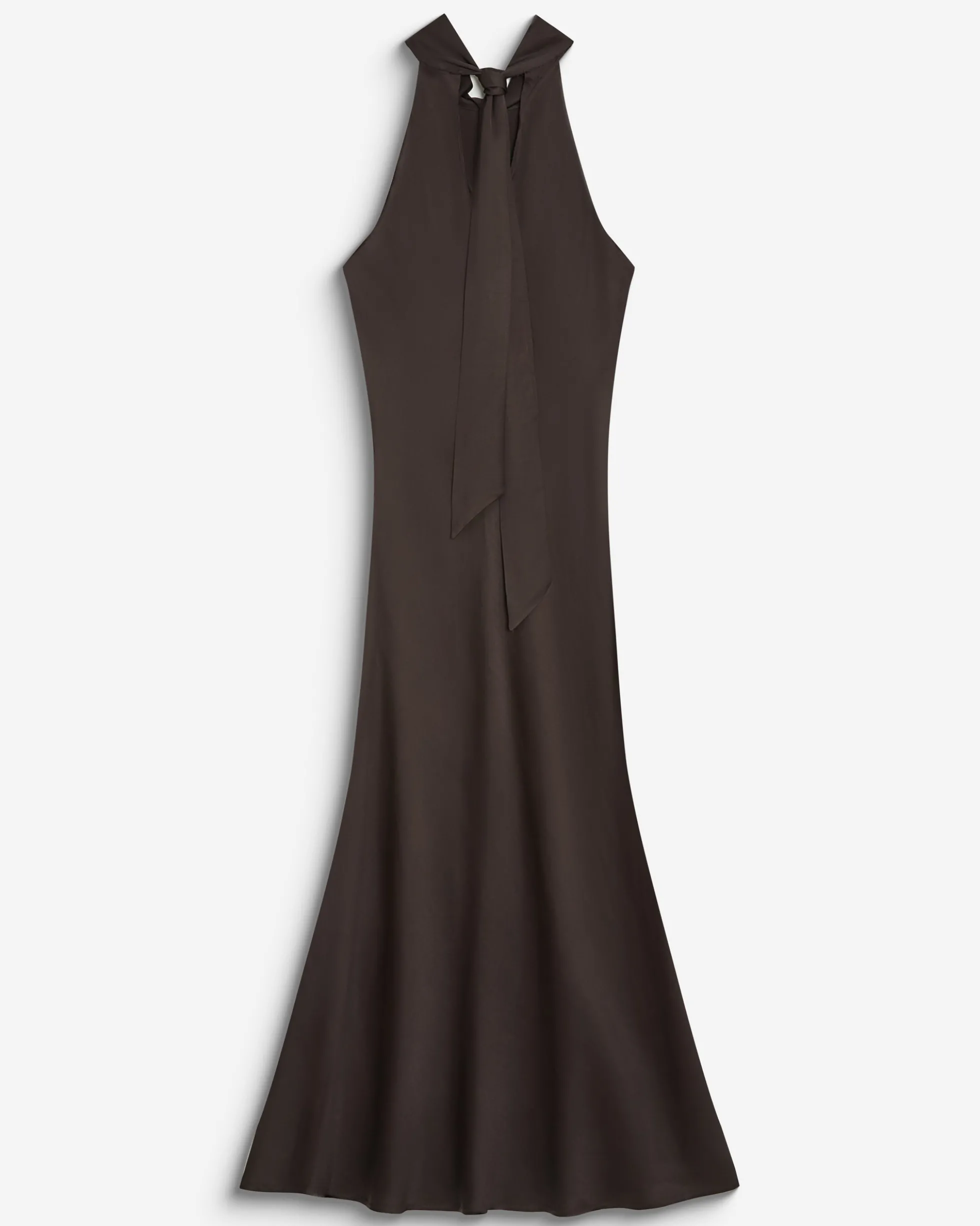 Robe longue évasée en satin sans manches chocolat Bella