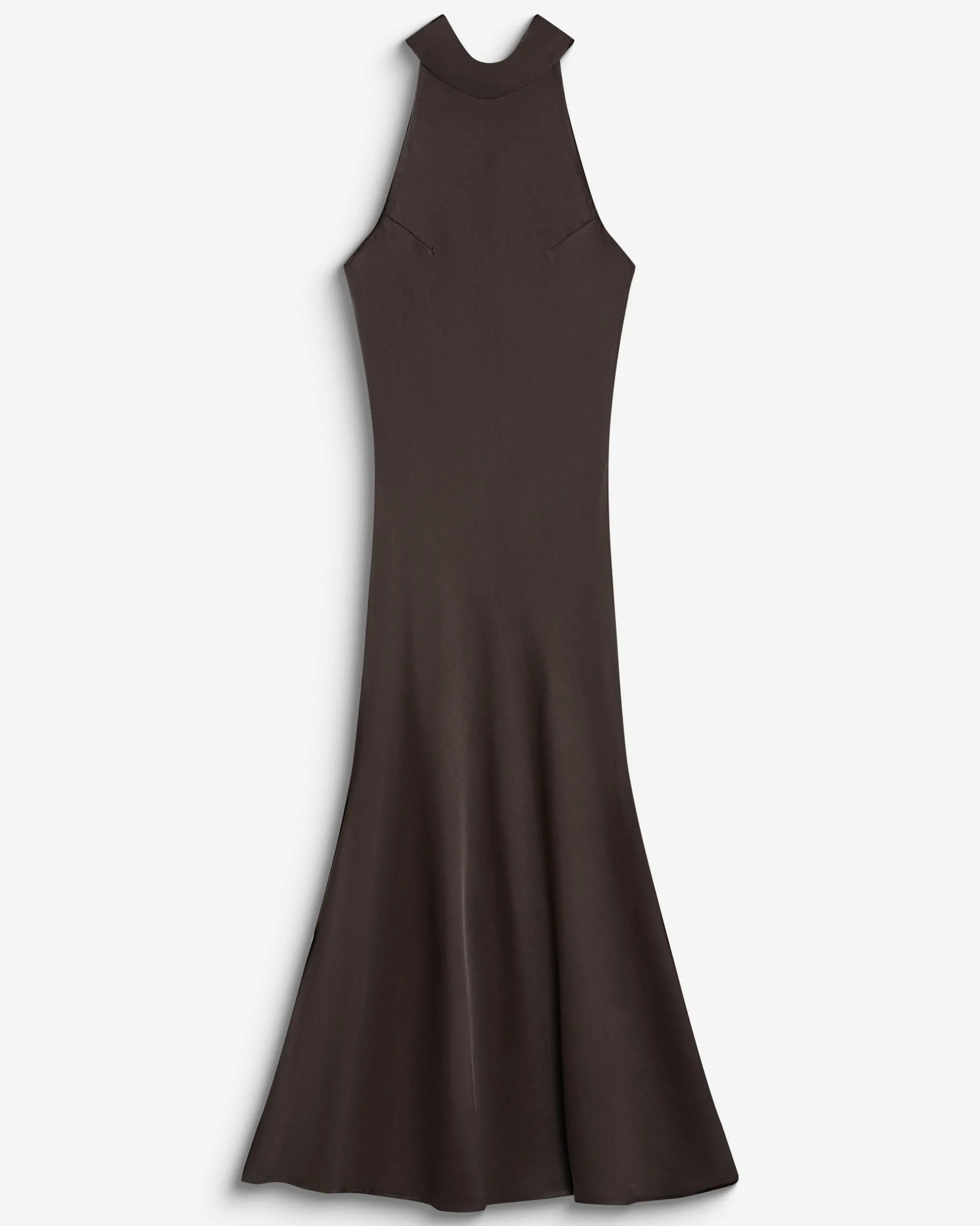 Robe longue évasée en satin sans manches chocolat Bella