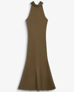 Robe longue évasée en satin sans manches olive Bella