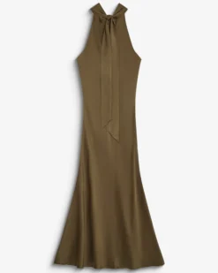 Robe longue évasée en satin sans manches olive Bella