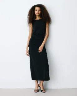 Robe mi-longue cintrée en jersey lurex noir Brigitte