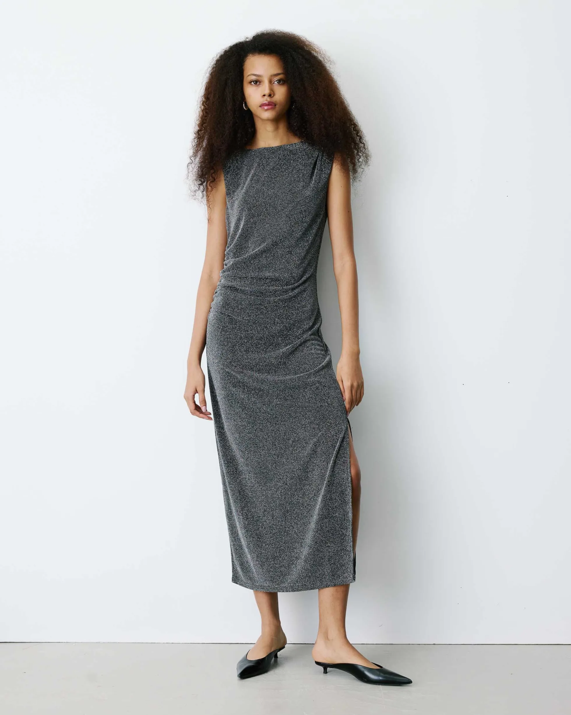 Robe mi-longue cintrée en jersey lurex silver Brigitte