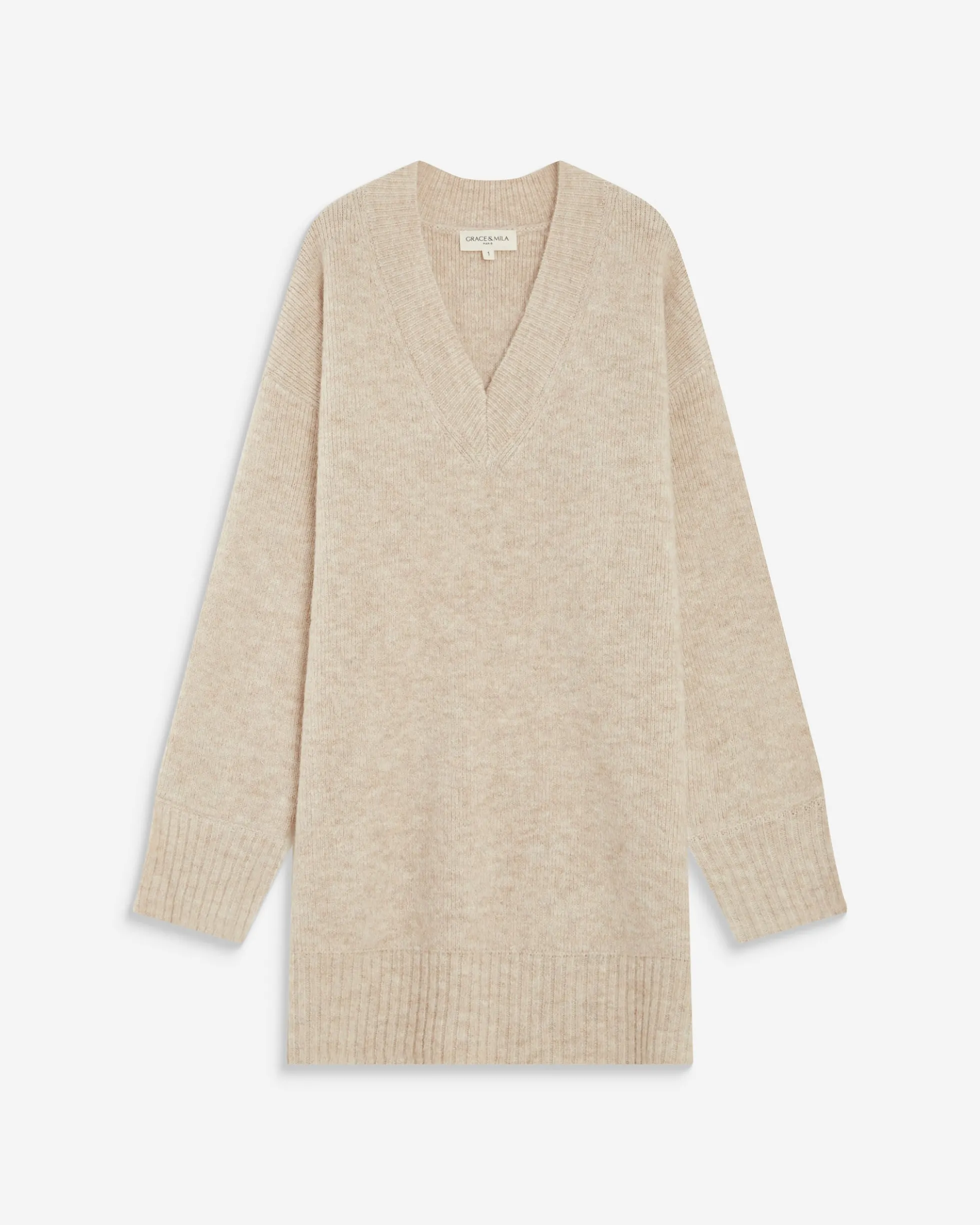 Robe pull courte oversize col V beige Airina