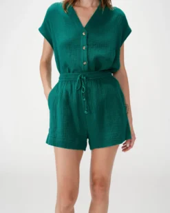 Short large taille haute en gaze de coton emeraude Wasabi