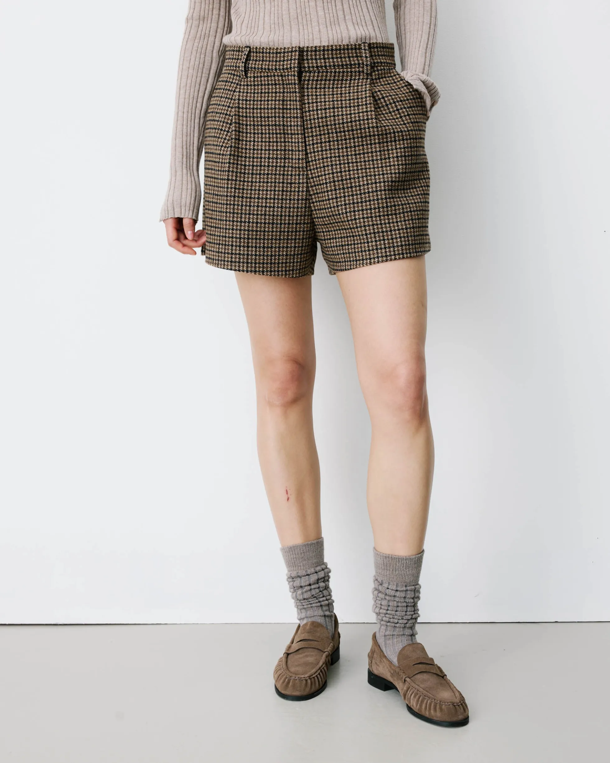 Short tailleur pied-de-poule taille haute coffee Arsenio