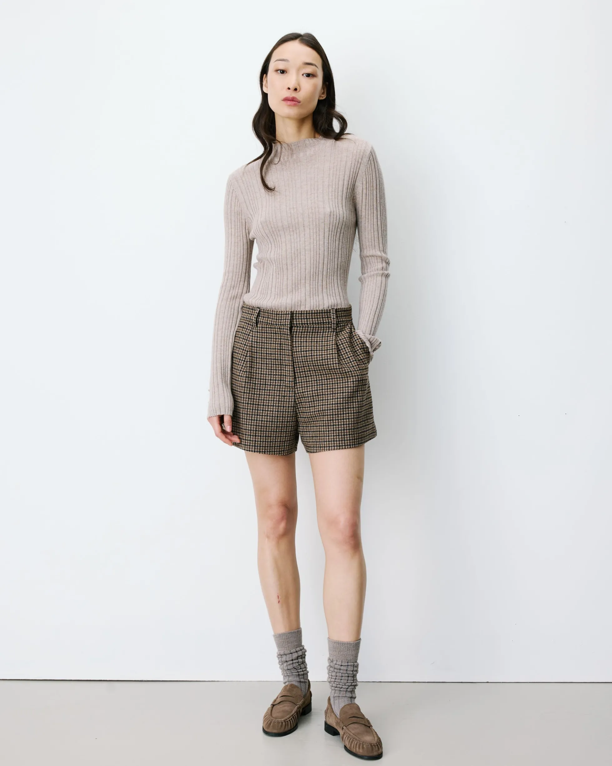 Short tailleur pied-de-poule taille haute coffee Arsenio