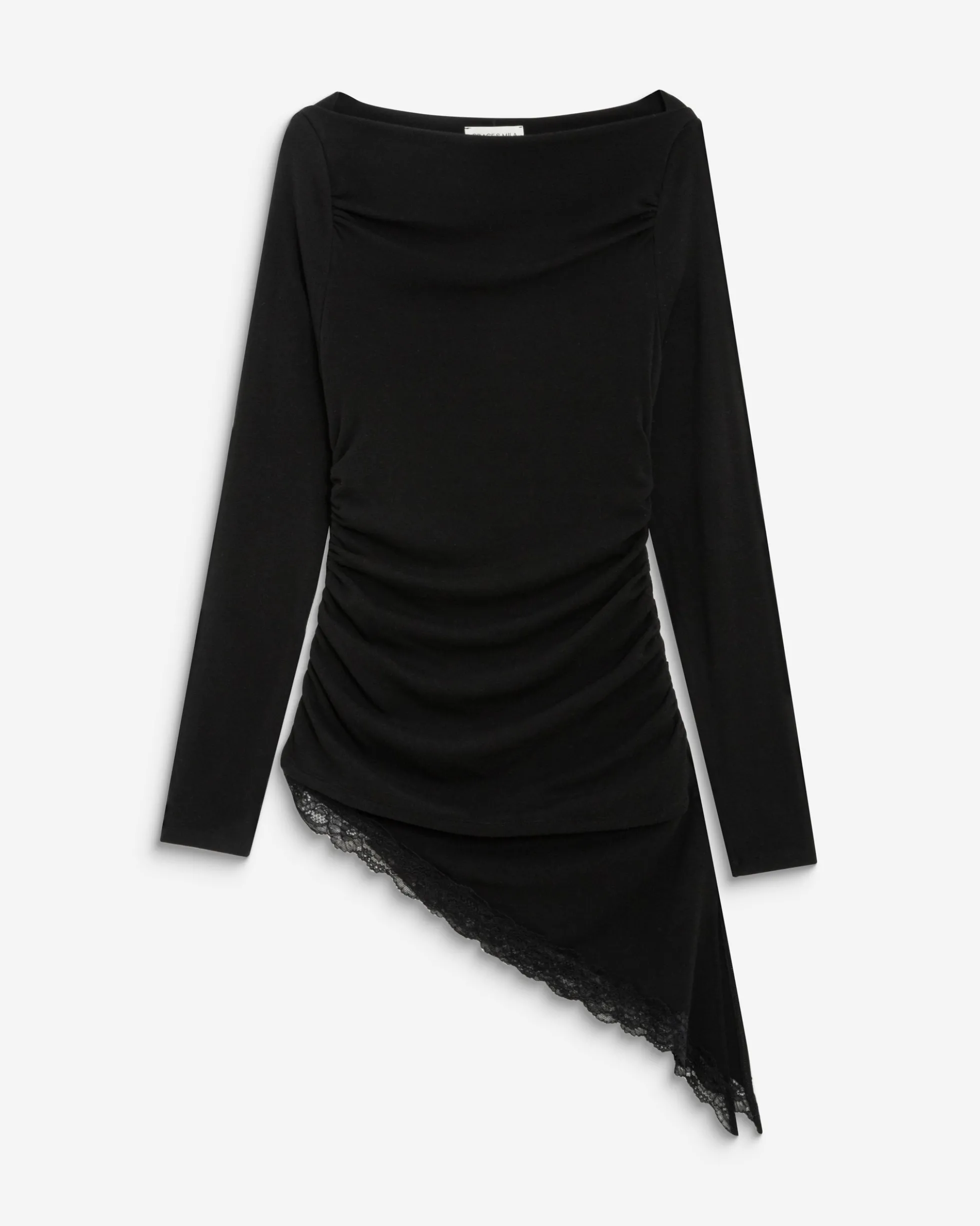 Top asymétrique manches longues bas en dentelle noir Bina