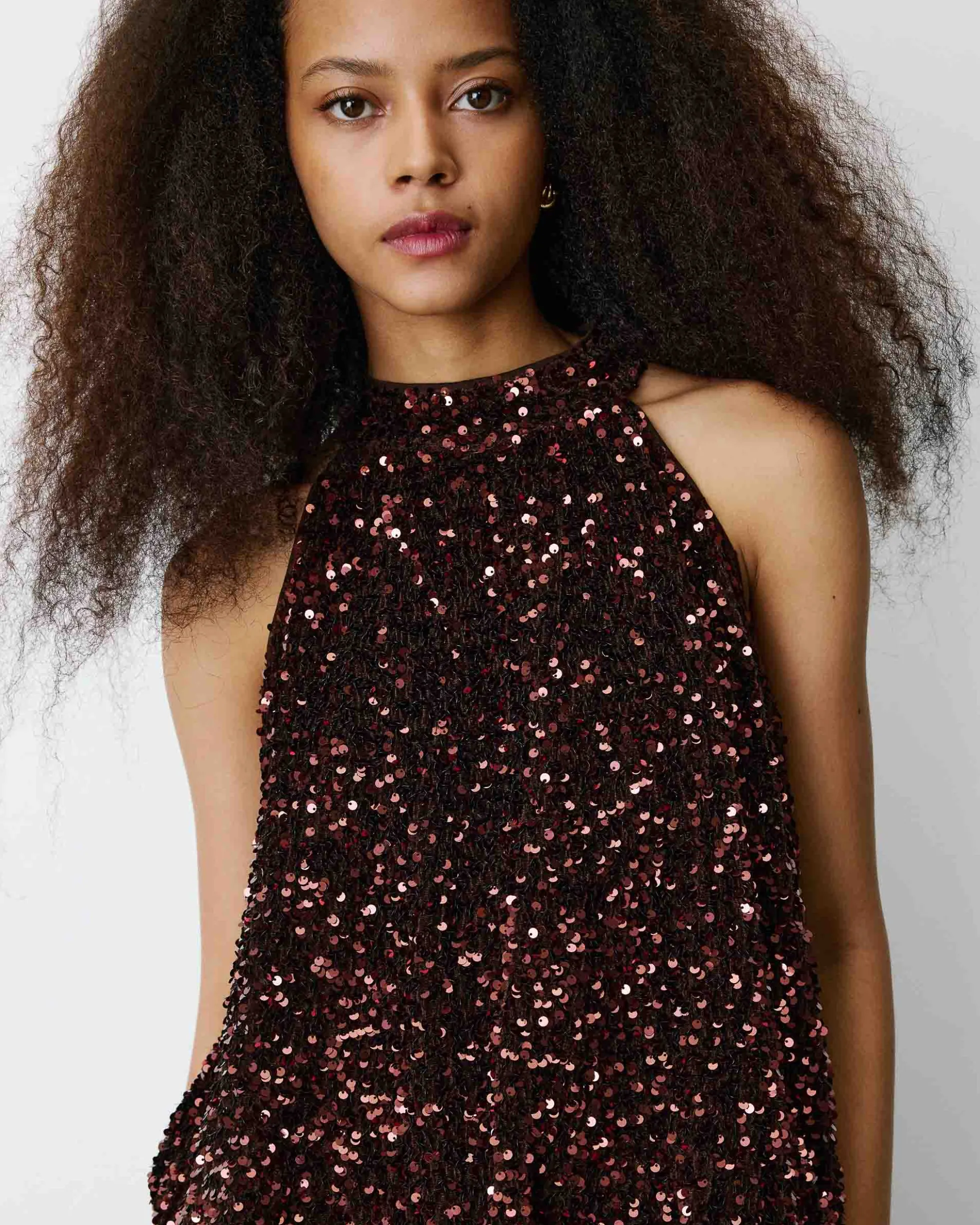 Top ballon encolure américaine en sequins chocolat Becky