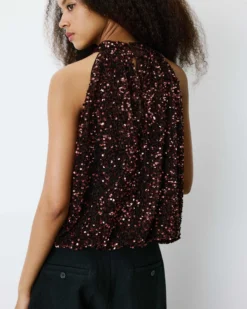 Top ballon encolure américaine en sequins chocolat Becky