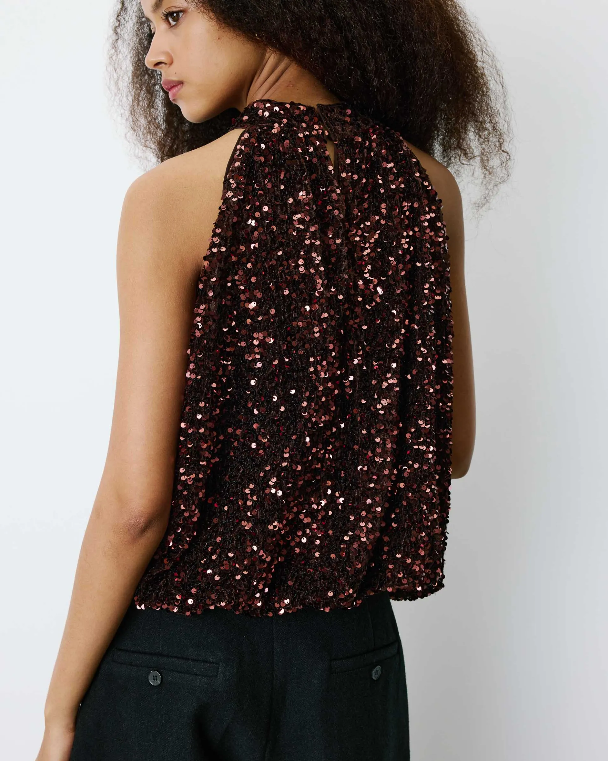 Top ballon encolure américaine en sequins chocolat Becky