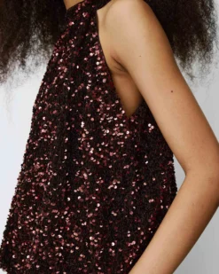 Top ballon encolure américaine en sequins chocolat Becky