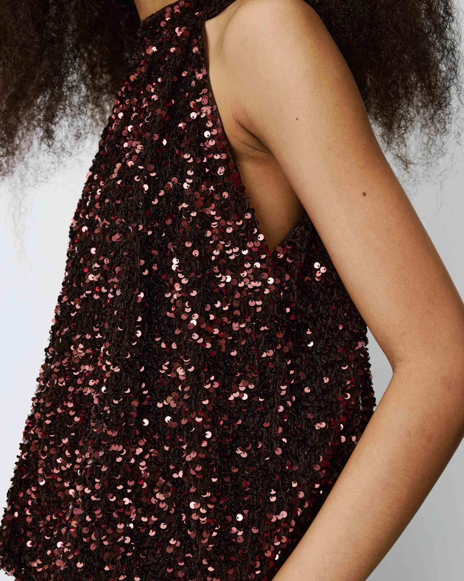 Top ballon encolure américaine en sequins chocolat Becky