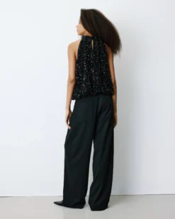 Top ballon encolure américaine en sequins noir Becky