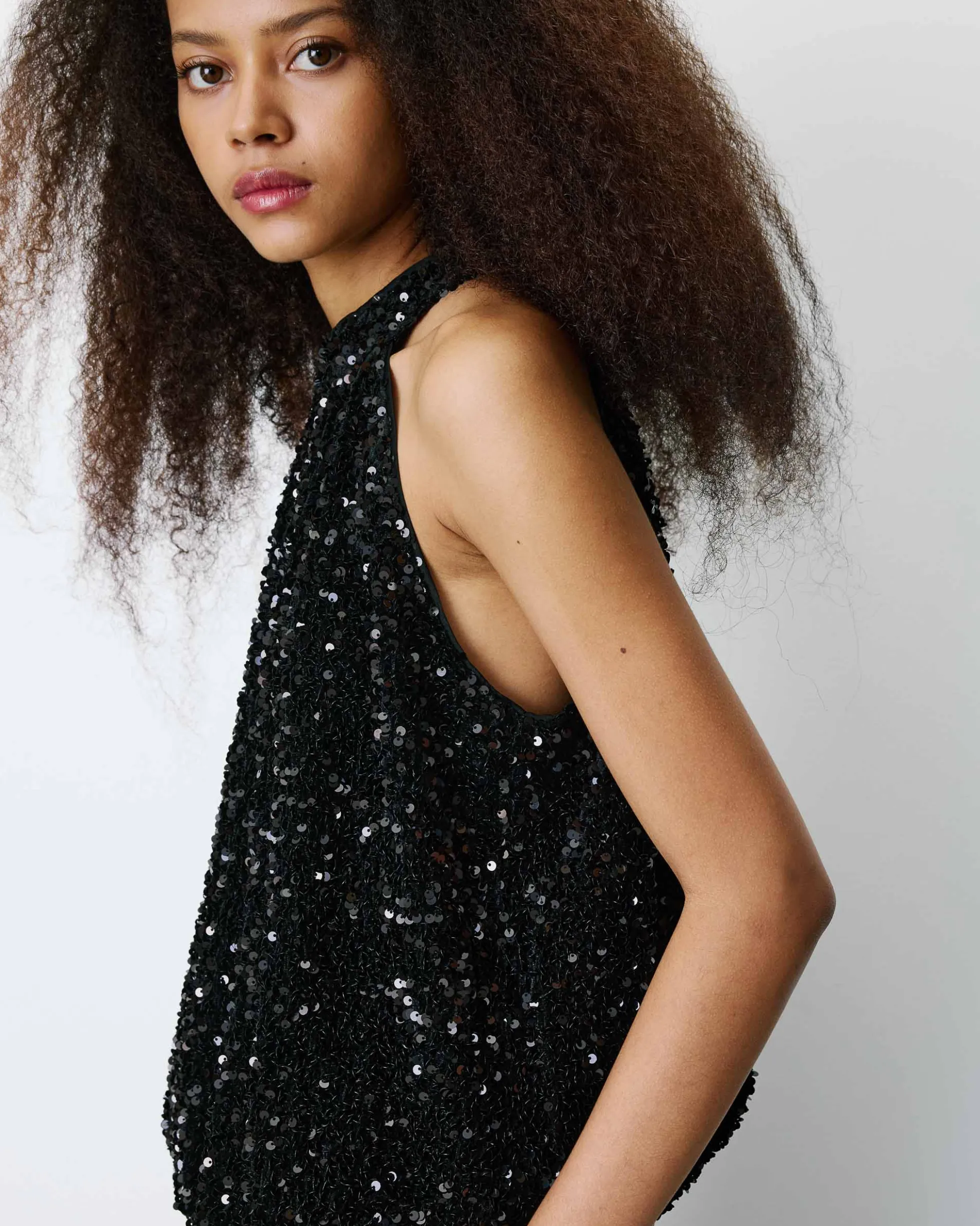 Top ballon encolure américaine en sequins noir Becky
