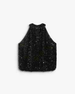 Top ballon encolure américaine en sequins noir Becky