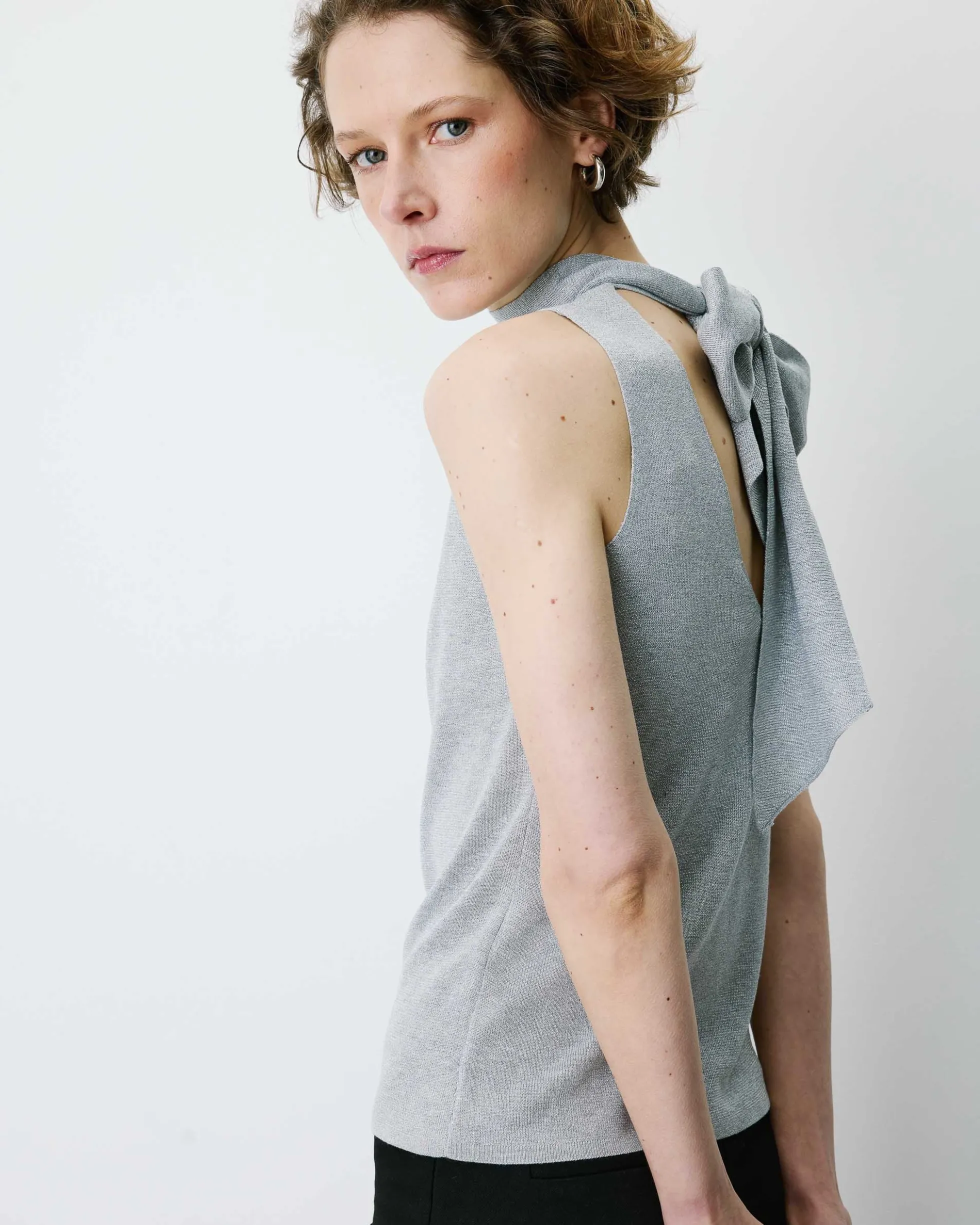 Top col montant en maille lurex sans manches silver Bailey