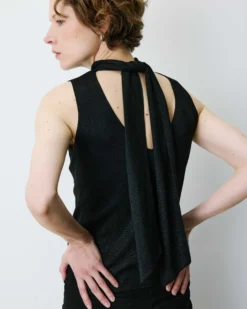 Top col montant en maille lurex sans manches noir Bailey