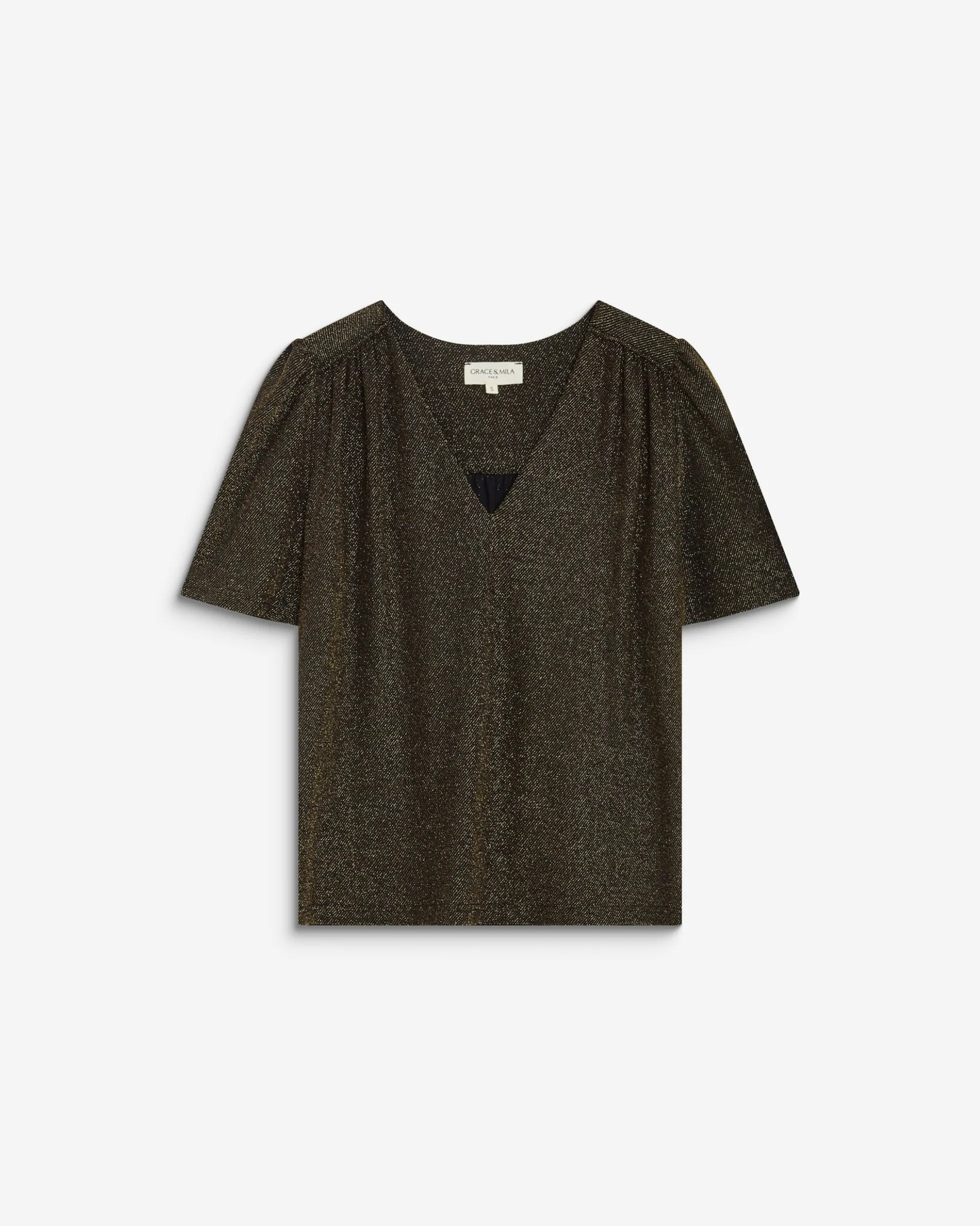 Top col V en jersey lurex manches courtes gold Basilic
